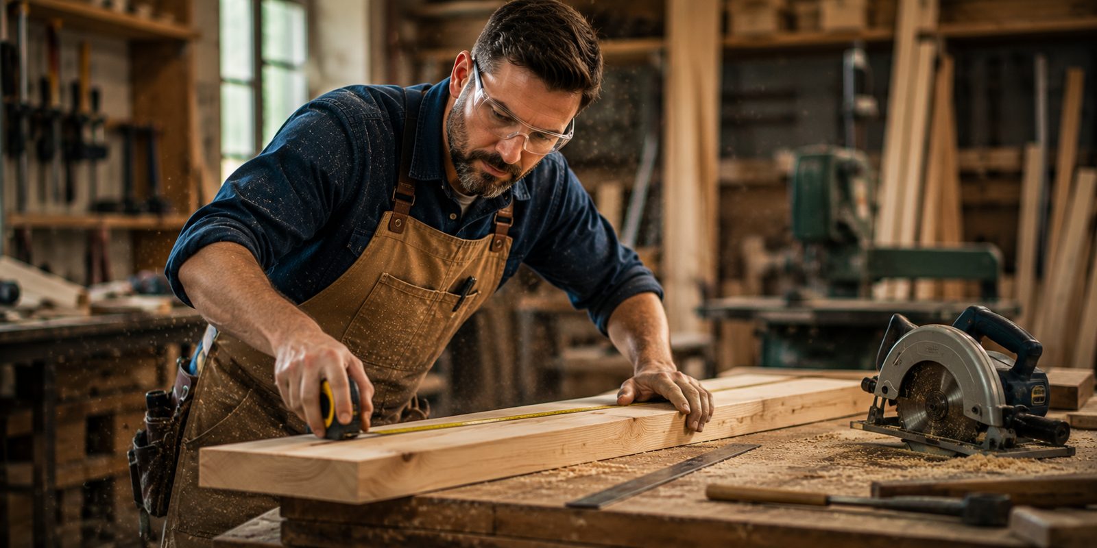 Carpenter measuring lumber